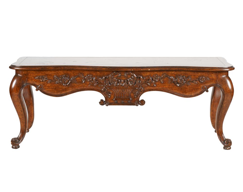 Appraisal: FRENCH PROVINCIAL-STYLE CARVED OAK LOW TABLE th century inches wide