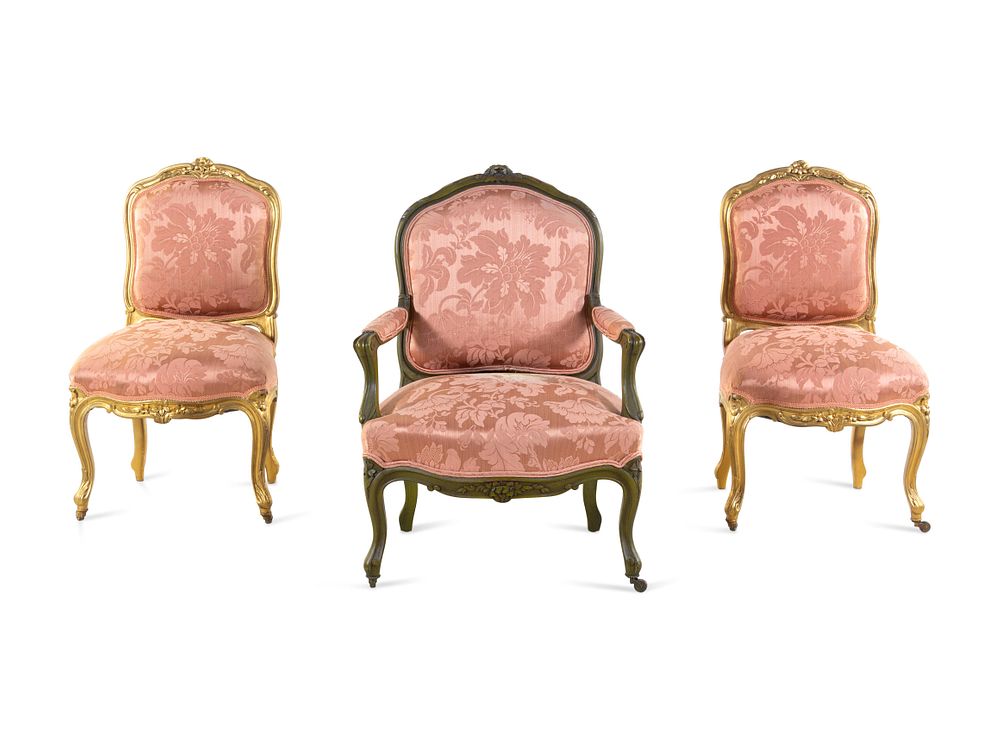 Appraisal: A Set of Three Louis XV Style Giltwood Chairs A