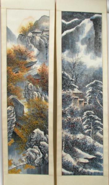 Appraisal: Two Chinese Scroll Paintings landscape scenes signed in Chinese characters