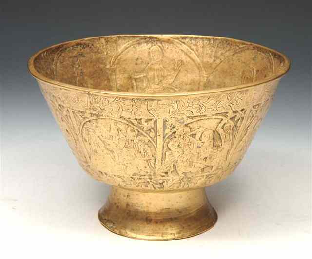 Appraisal: A DUTCH EAST INDIES BATAVIAN EMBOSSED HEAVY BRASS PEDESTAL BOWL