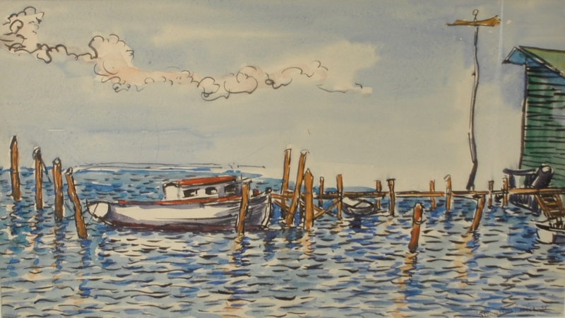 Appraisal: - Framed and matted watercolor painting titled The Dock at