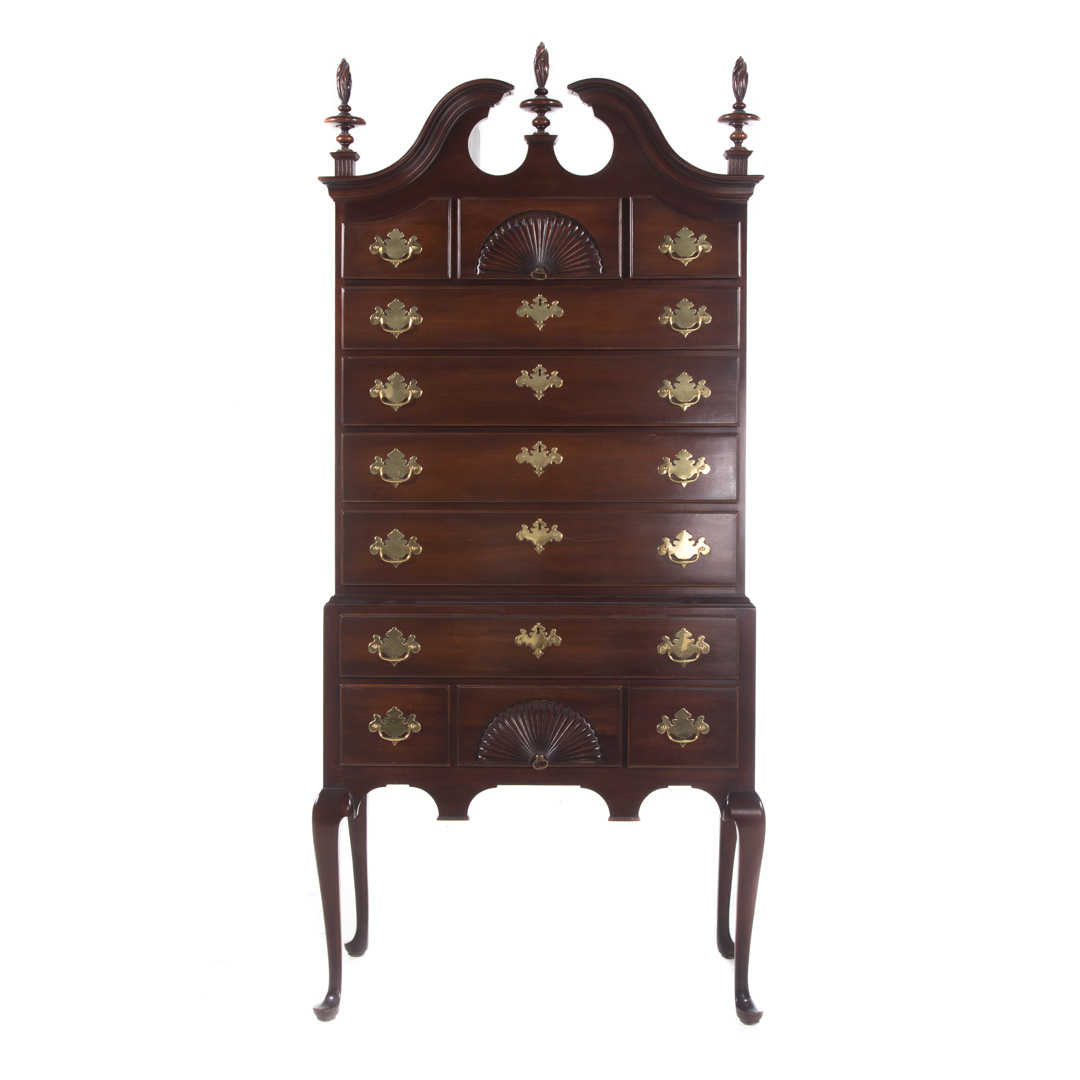 Appraisal: Kindel Queen Anne style mahogany highboy th century broken arched