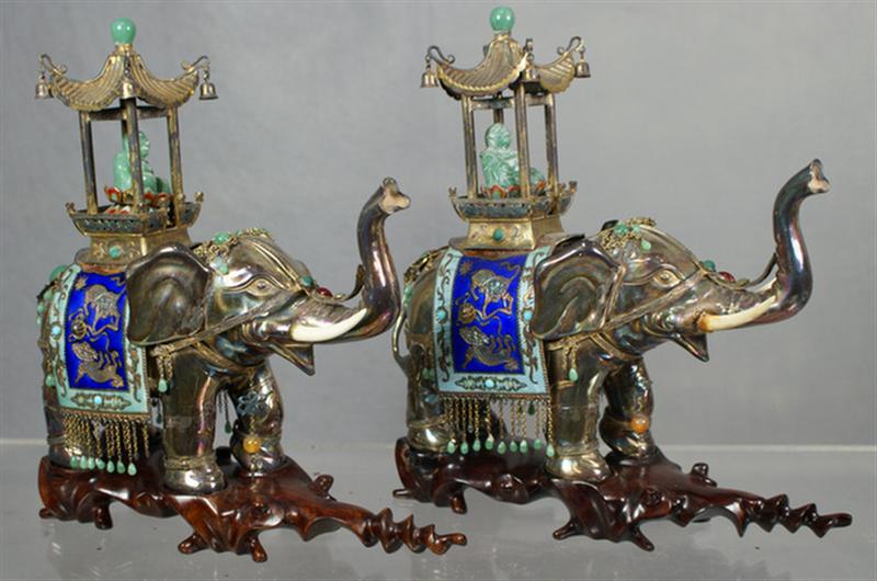 Appraisal: Pair of th c Chinese silver-plate and enamel elephants with