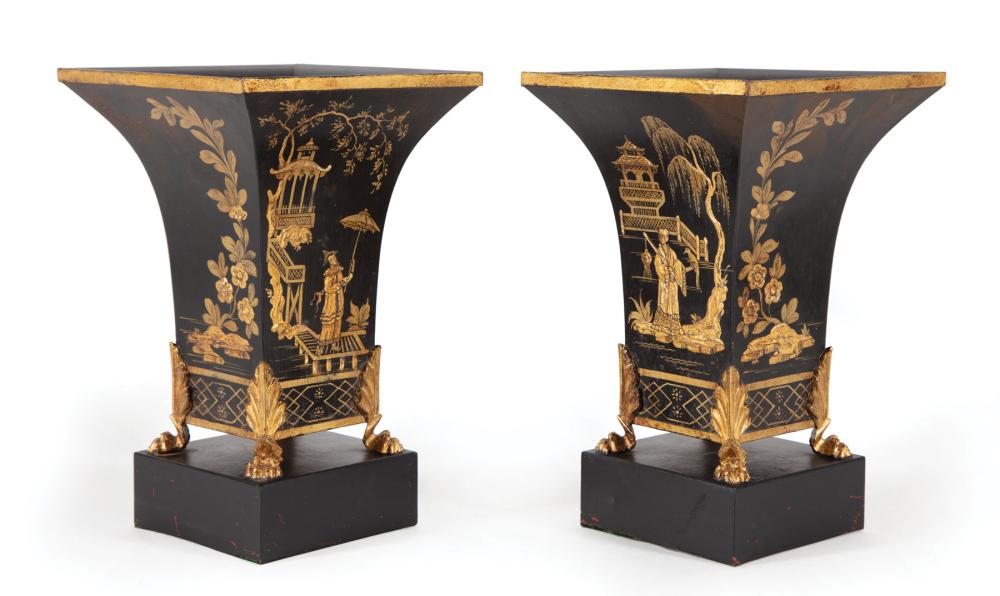 Appraisal: Pair of Chinoiserie Tole Peinte Jardinieres th c black ground