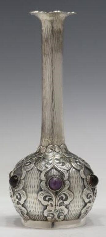 Appraisal: Asian fine silver bud vase set with six cabochons marked