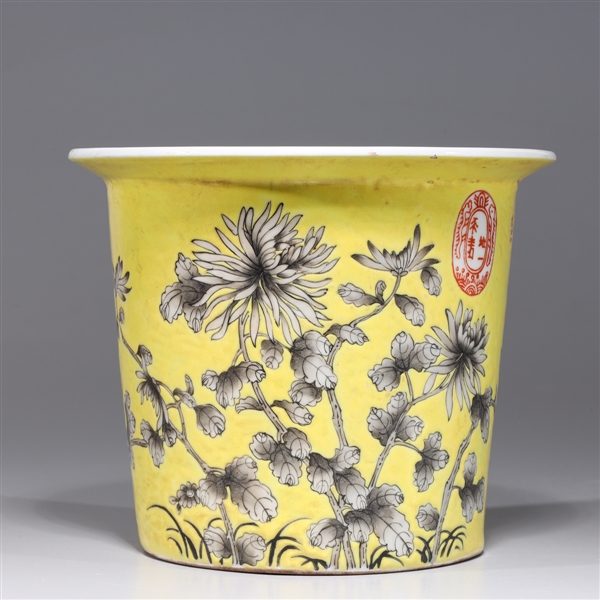 Appraisal: Chinese yellow ground porcelain planter with flowers calligraphy and seal