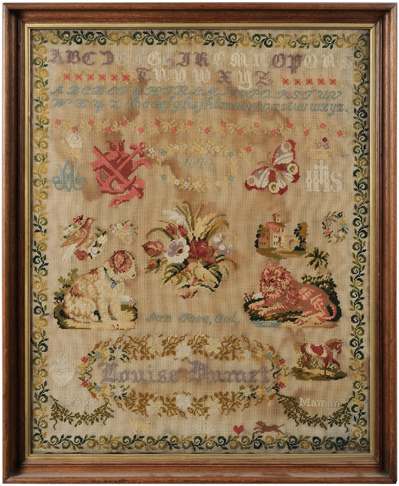 Appraisal: California Schoolgirl Needlework San Jose central floral spray flanked by