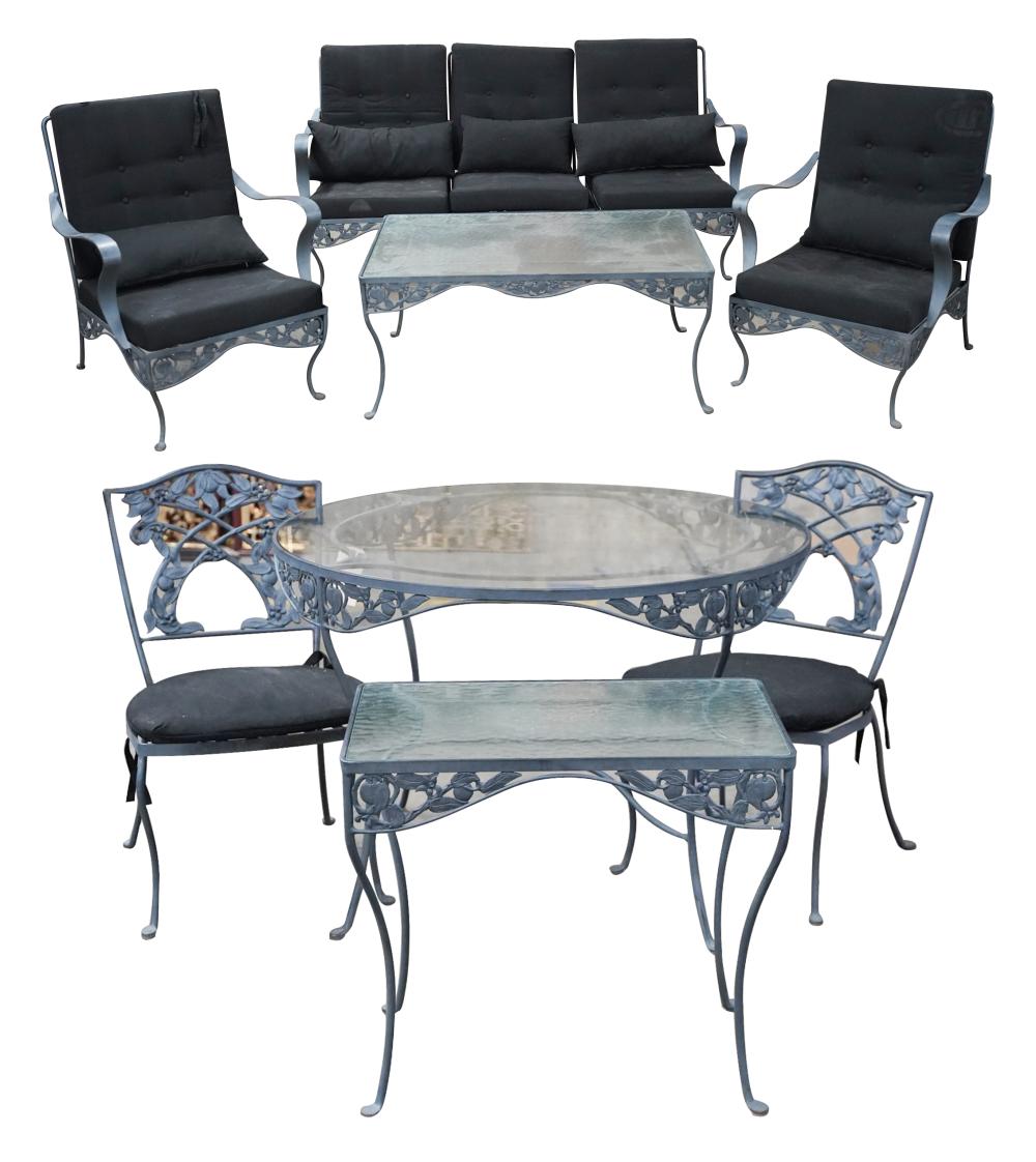 Appraisal: PAINTED IRON PATIO FURNITURE SUITEcomprising a dining table with glass