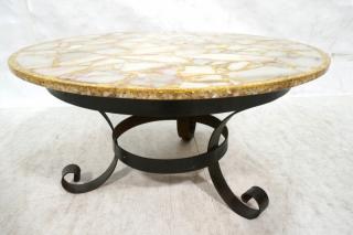 Appraisal: Inlaid Onyx Round Cocktail Coffee Table Corseted black iron base