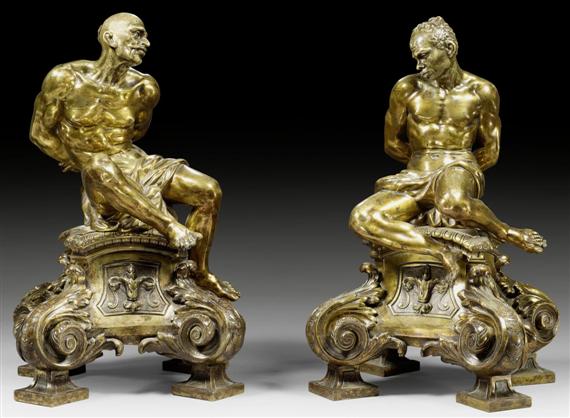 Appraisal: PAIR OF FIREPLACE CHENETS AUX ESCLAVES Louis XV after designs