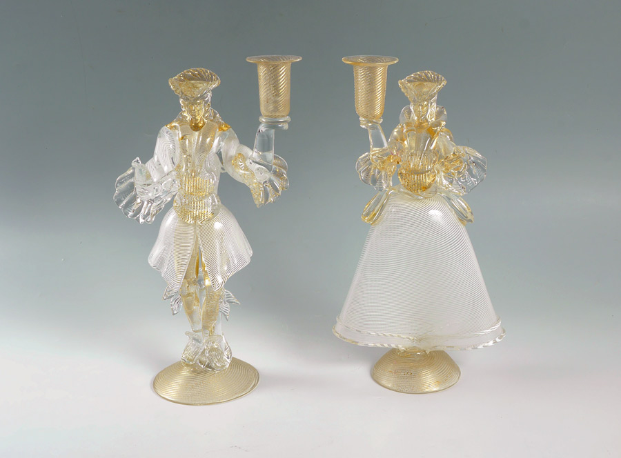 Appraisal: PAIR MURANO GLASS FIGURAL CANDLESTICKS Figural man and woman with