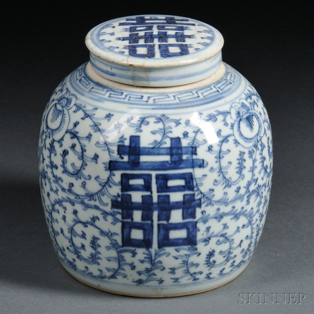 Appraisal: Blue and White Covered Jar China th century scrolling lotus