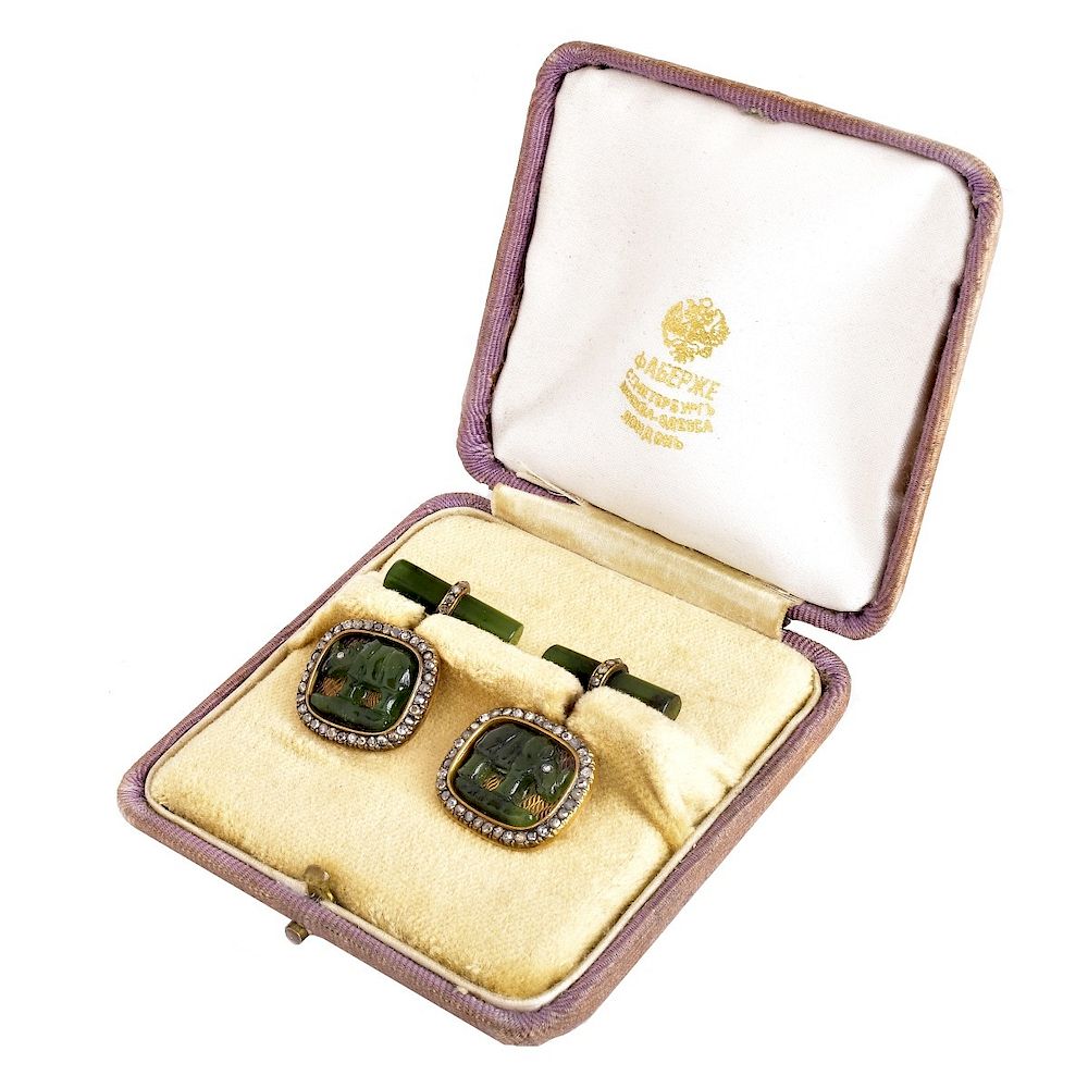 Appraisal: Faberge Jade Diamond and K Cufflinks Mid th Century Faberge