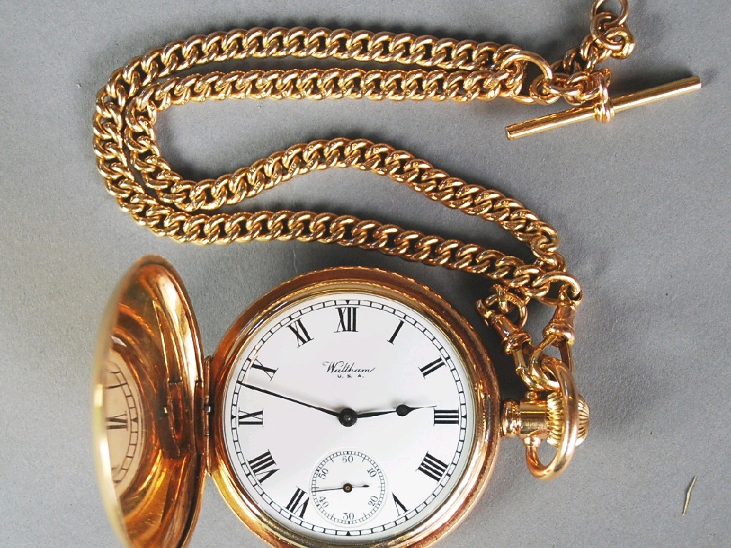 Appraisal: WALTHAM 'TRAVELLER' ROLLED GOLD HUNTER POCKET WATCH with keyless movement