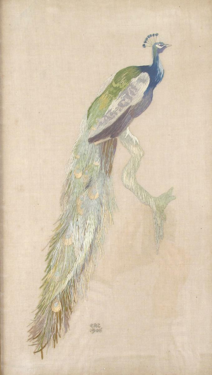 Appraisal: A silk embroidered linen panel of a peacock