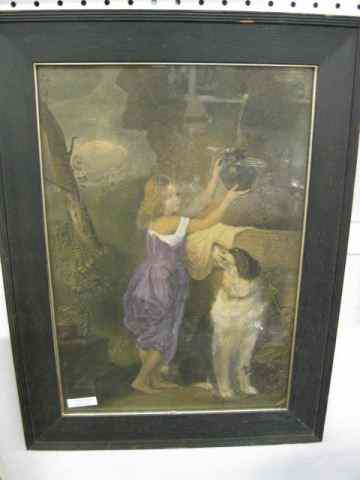 Appraisal: th Century Handcolored Engraving of Girl dog at the well