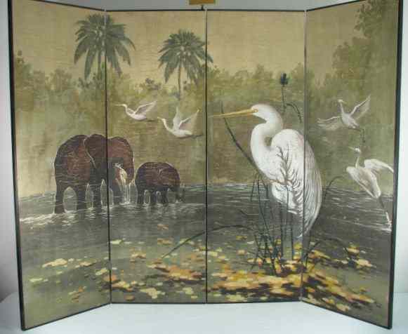 Appraisal: A large Chinese hand painted wall screen Hand painted jungle