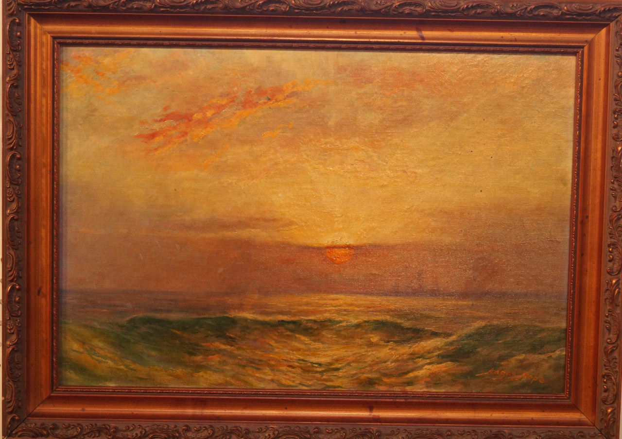 Appraisal: Angus Hope British thC Seascape with ships at sunset oil