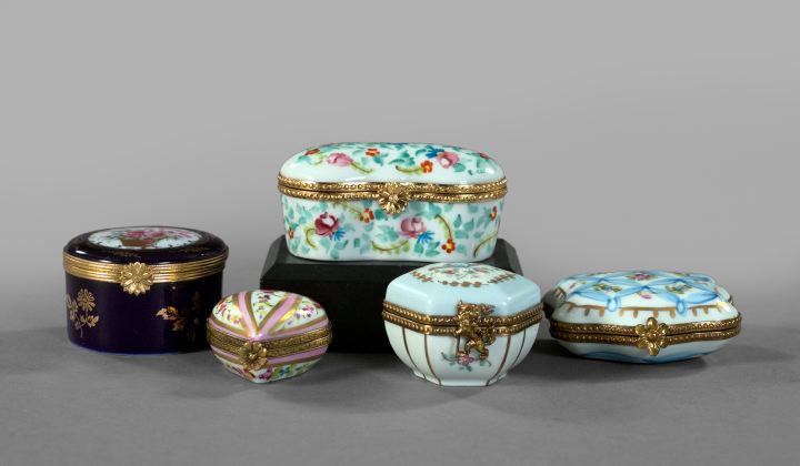 Appraisal: Group of Five Gilt-Brass-Mounted Limoges Porcelain Boxes each example polychromed