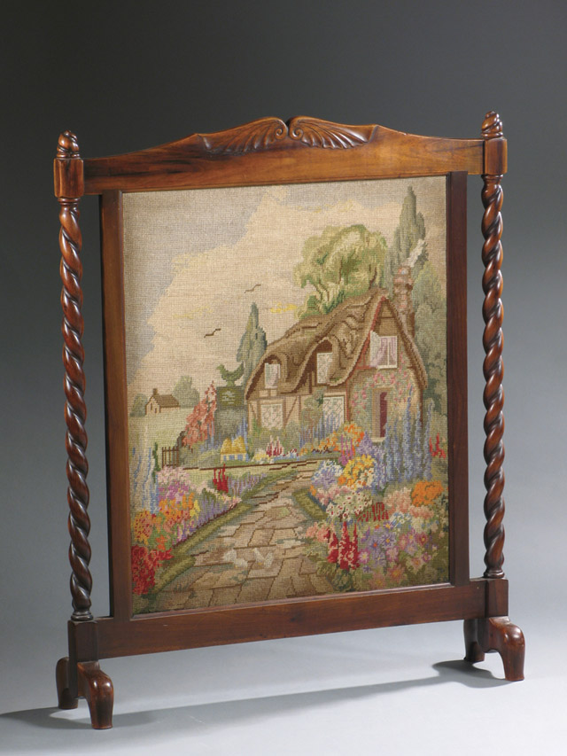 Appraisal: FREESTANDING NEEDLEPOINT FIRE SCREEN English early th century centering a