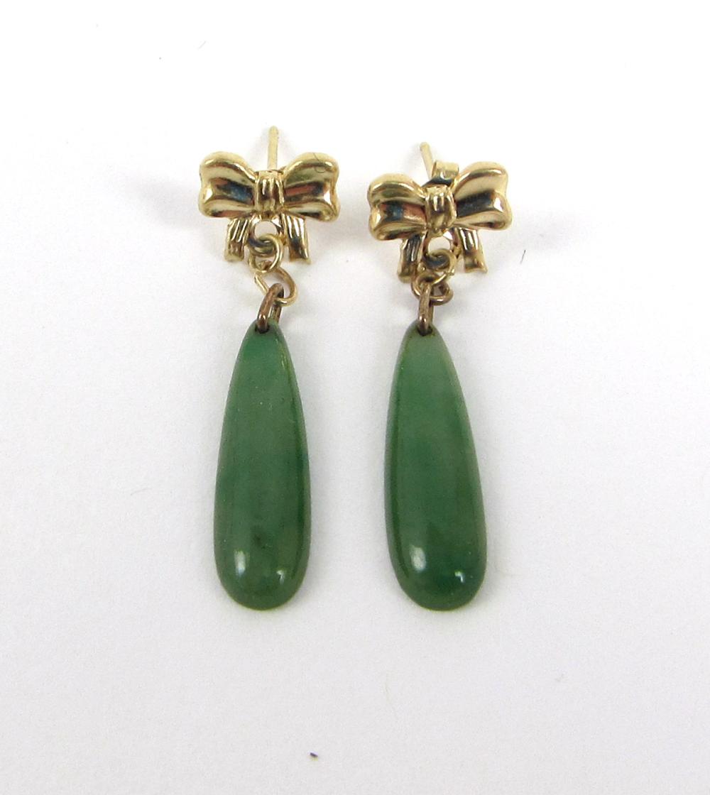 Appraisal: PAIR OF JADE AND FOURTEEN KARAT GOLD EARRINGS each k