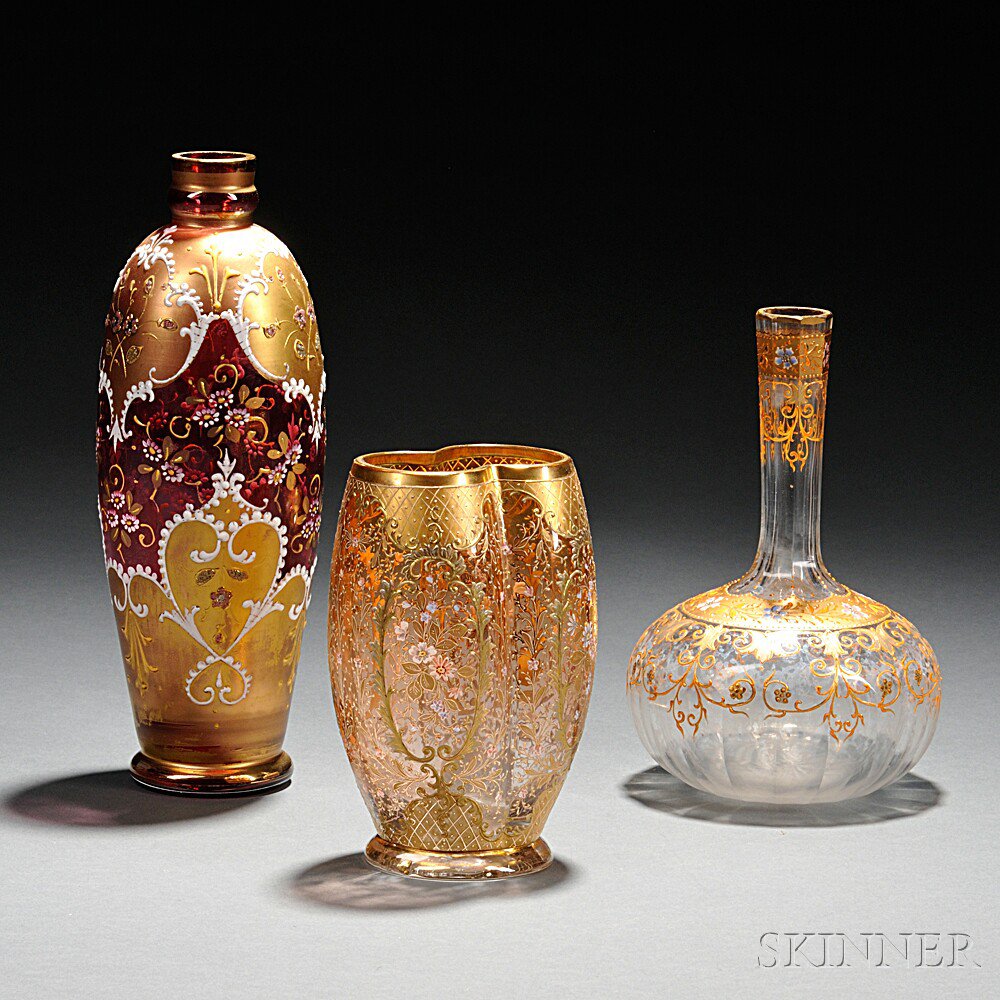 Appraisal: Three Moser-type Gilded and Enameled Glass Vases Bohemia late th