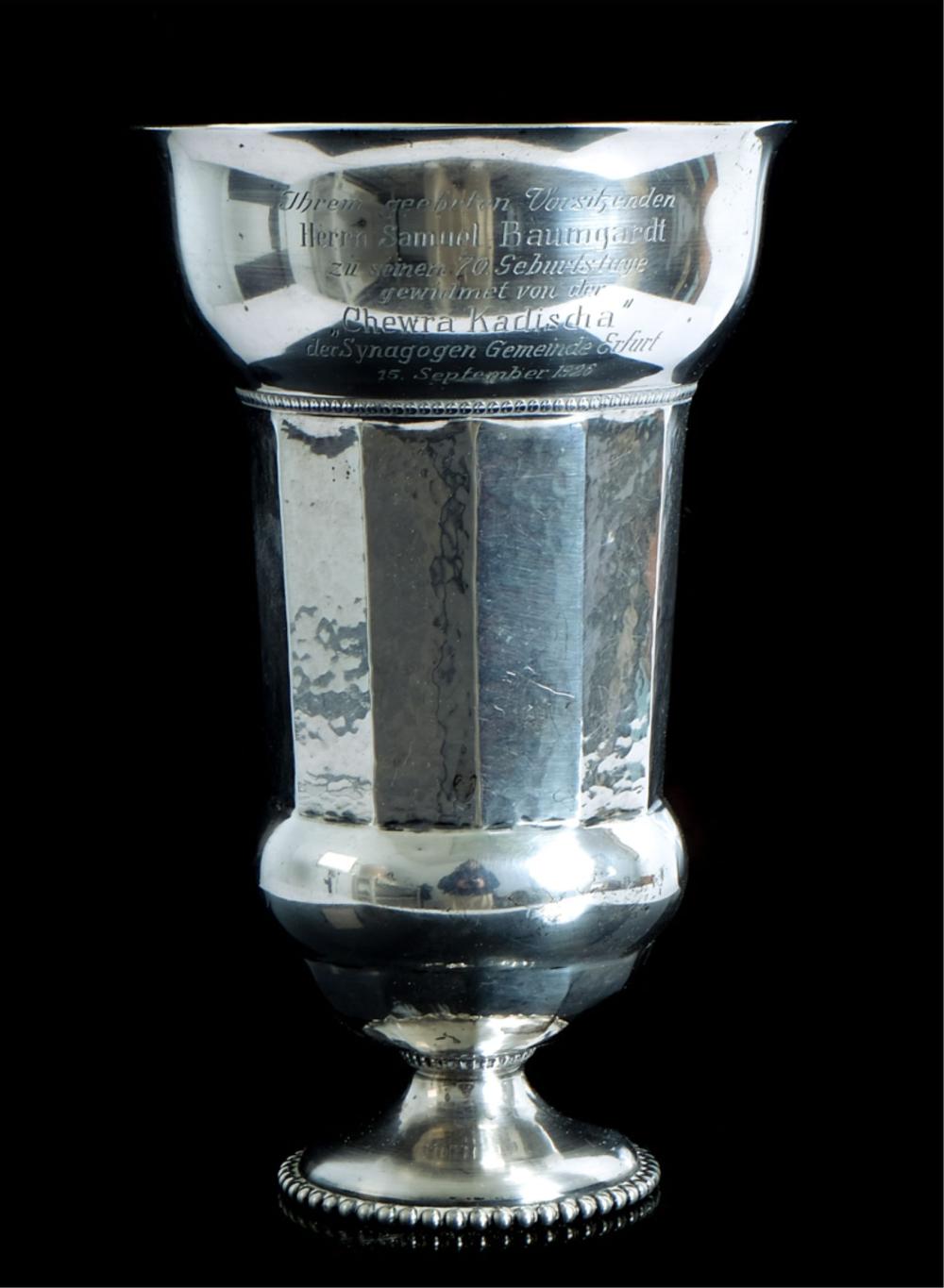 Appraisal: GERMAN SILVER JUDAICA KIDDUSH CUP German hand hammered silver custom