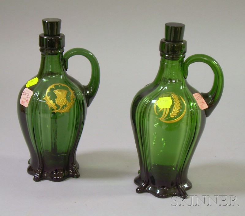 Appraisal: Pair of Gilt Enamel Decorated Green Blown Molded Glass Whiskey