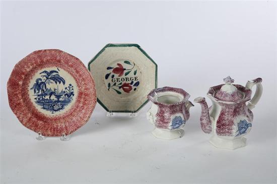 Appraisal: FOUR CERAMIC PIECES English st half- th century Spatterware paneled