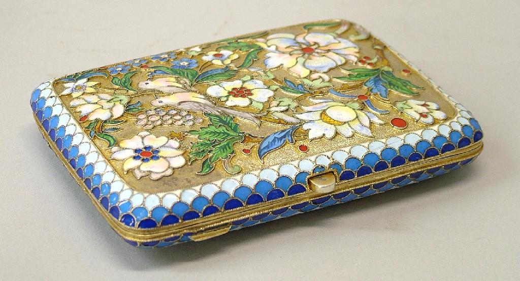 Appraisal: Russian cloisonne silver gilt enamel rectangular case decorated with birds