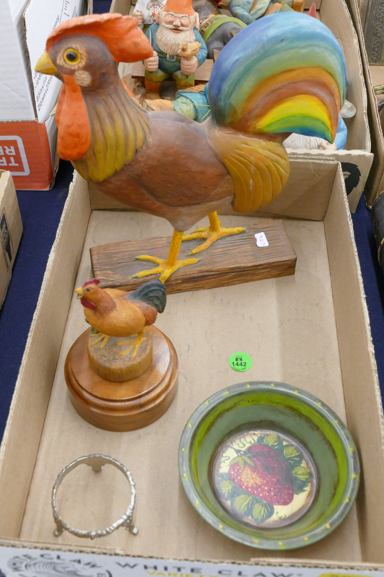 Appraisal: Box Carved Wood Roosters etc