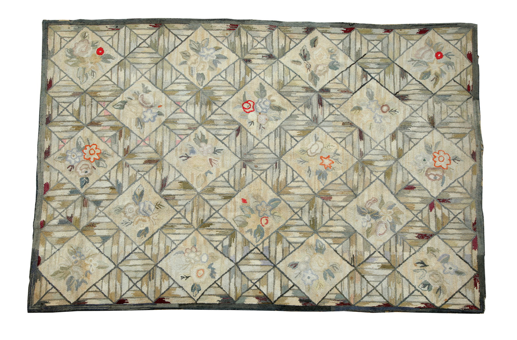 Appraisal: AMERICAN HOOKED RUG First half- th century Grid pattern with