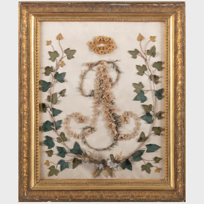 Appraisal: Empire Whitework Style Silk Floral Monogram x in frame Condition