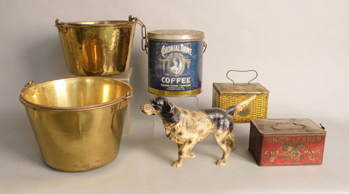 Appraisal: Two brass buckets together with four advertising tins and a