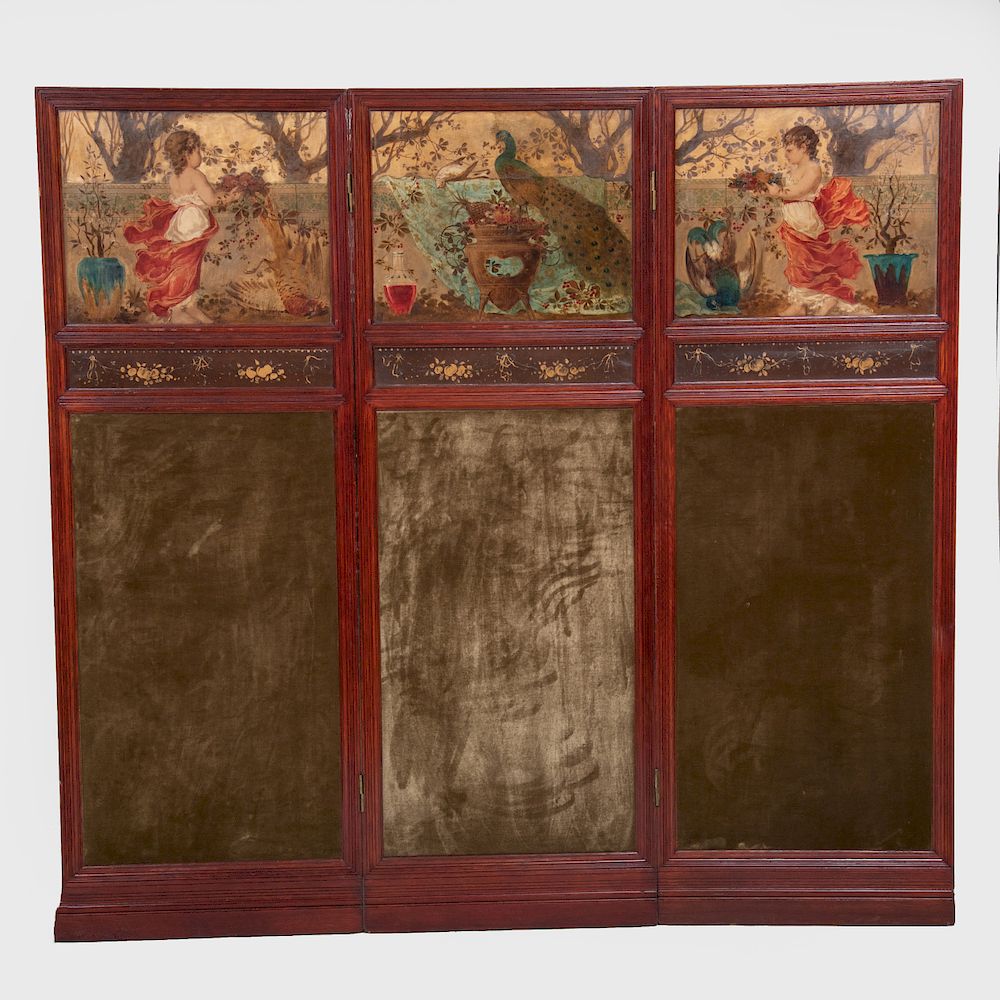 Appraisal: American Aesthetic Movement Oak and Polychrome Painted Three-Panel Screen Attributed