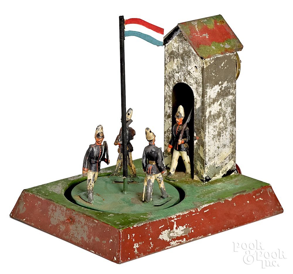 Appraisal: Becker soldiers at guard house steam toy accessory Becker painted