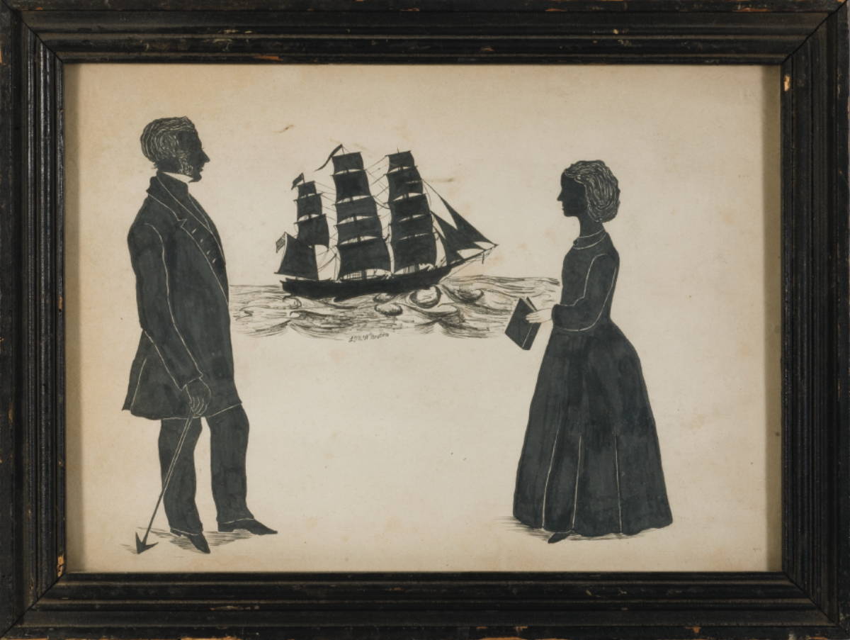 Appraisal: NEW BEDFORD WATERCOLOR SILHOUETTE OF MAN WITH HARPOON WOMAN WITH