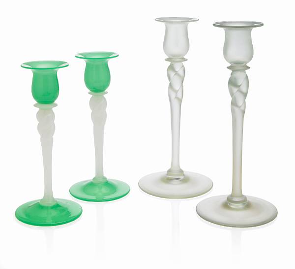 Appraisal: Two pairs of Steuben glass twist stem candlesticks shape -