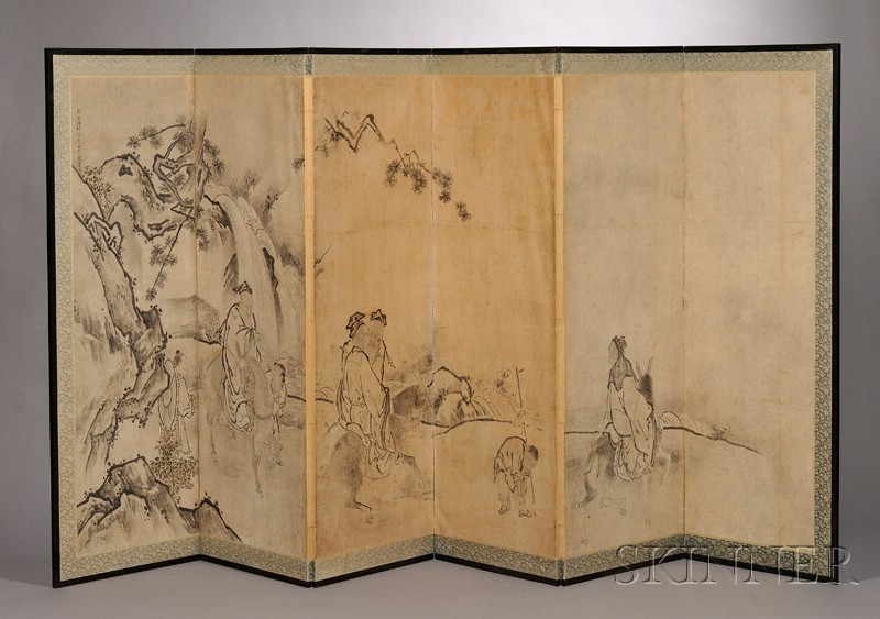 Appraisal: Six Panel Folding Screen Japan th th century Kano school