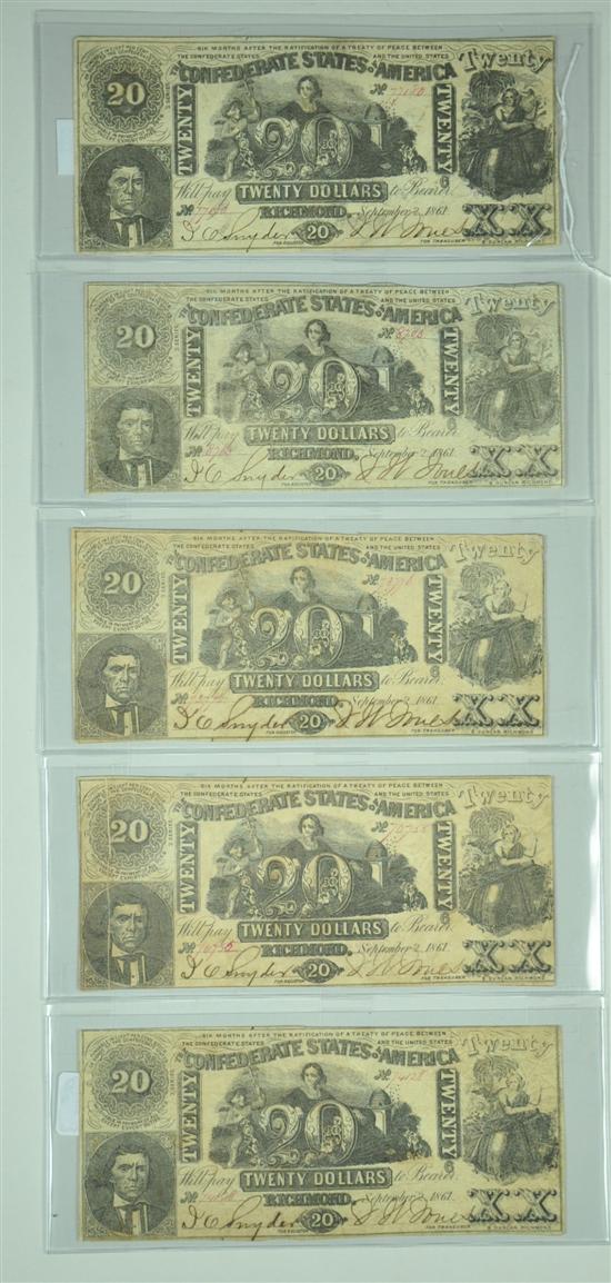 Appraisal: Five Confederate Notes Dated September CR Circa After research and