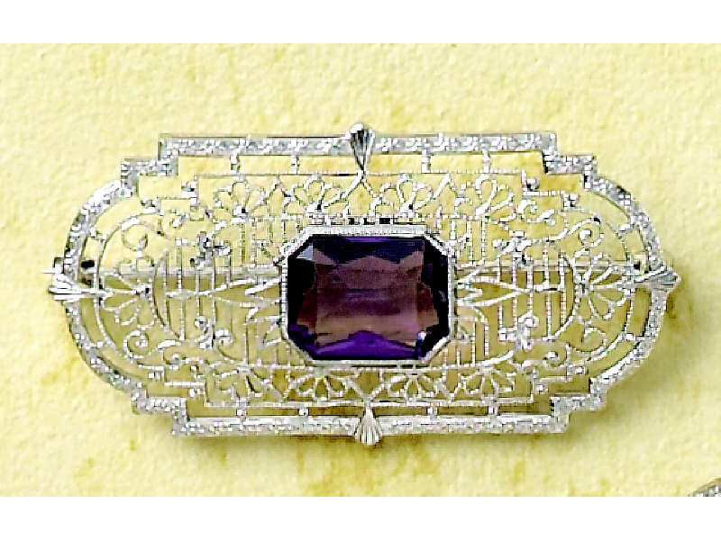 Appraisal: AMETHYST FILIGREE BROOCH k white gold filigree brooch set with