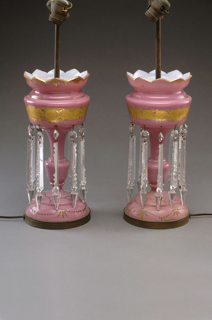 Appraisal: PAIR OF ENGLISH VICTORIAN PINK CASED GLASS LUSTRES WITH SPEAR