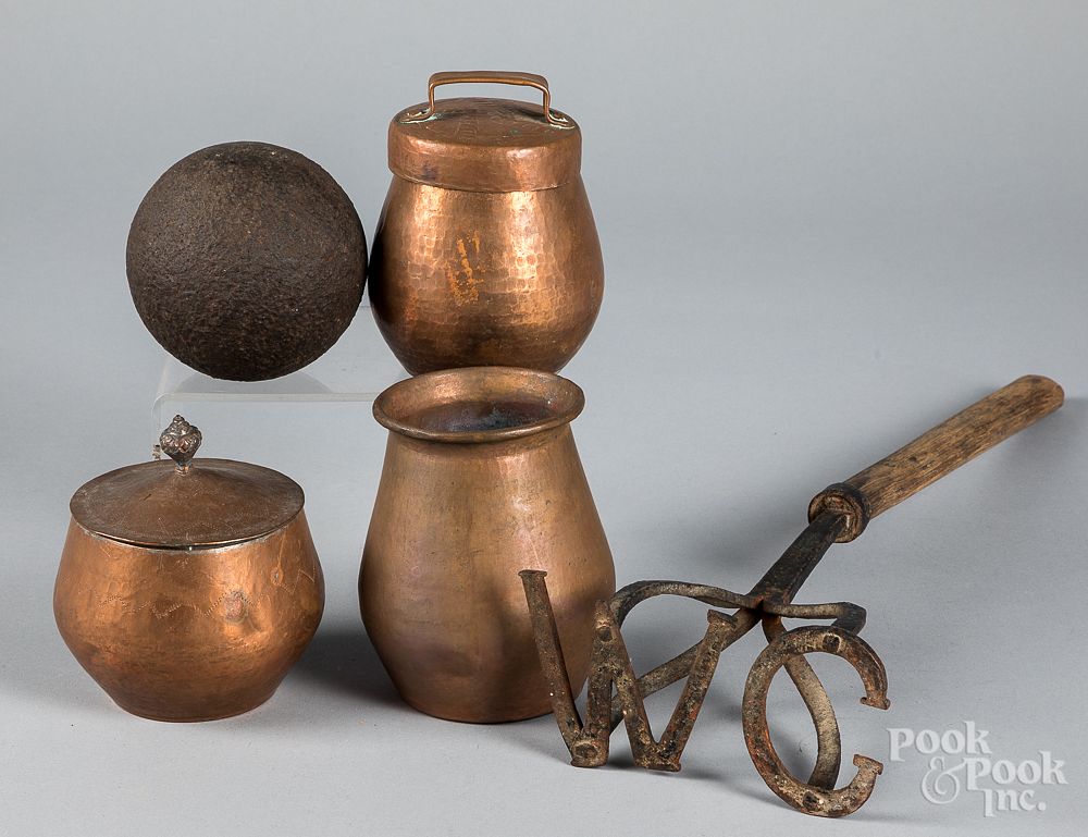 Appraisal: Branding iron etc Branding iron together with three copper canisters