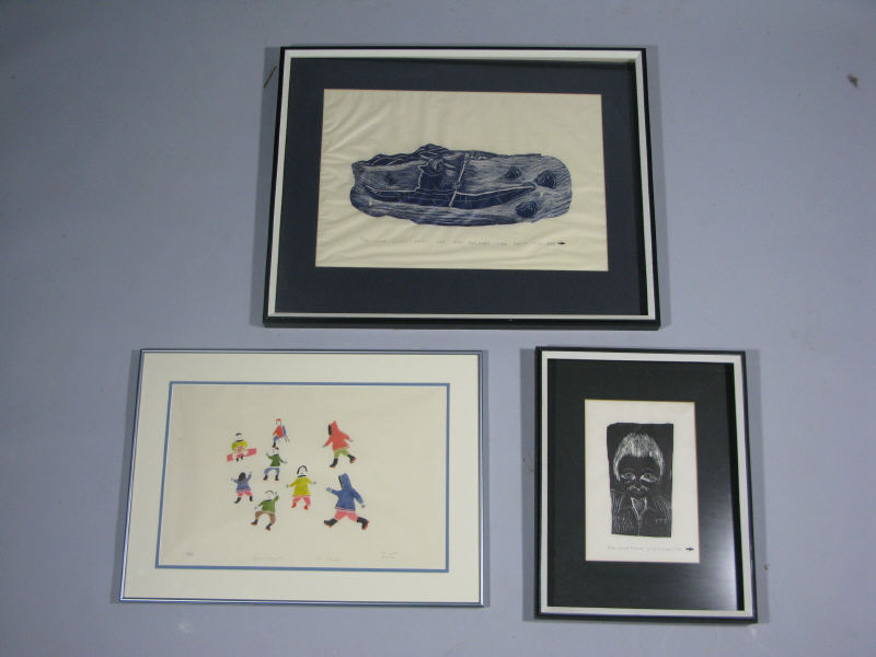 Appraisal: Three Inuit Prints as follows Inuit stencil The Dance matted