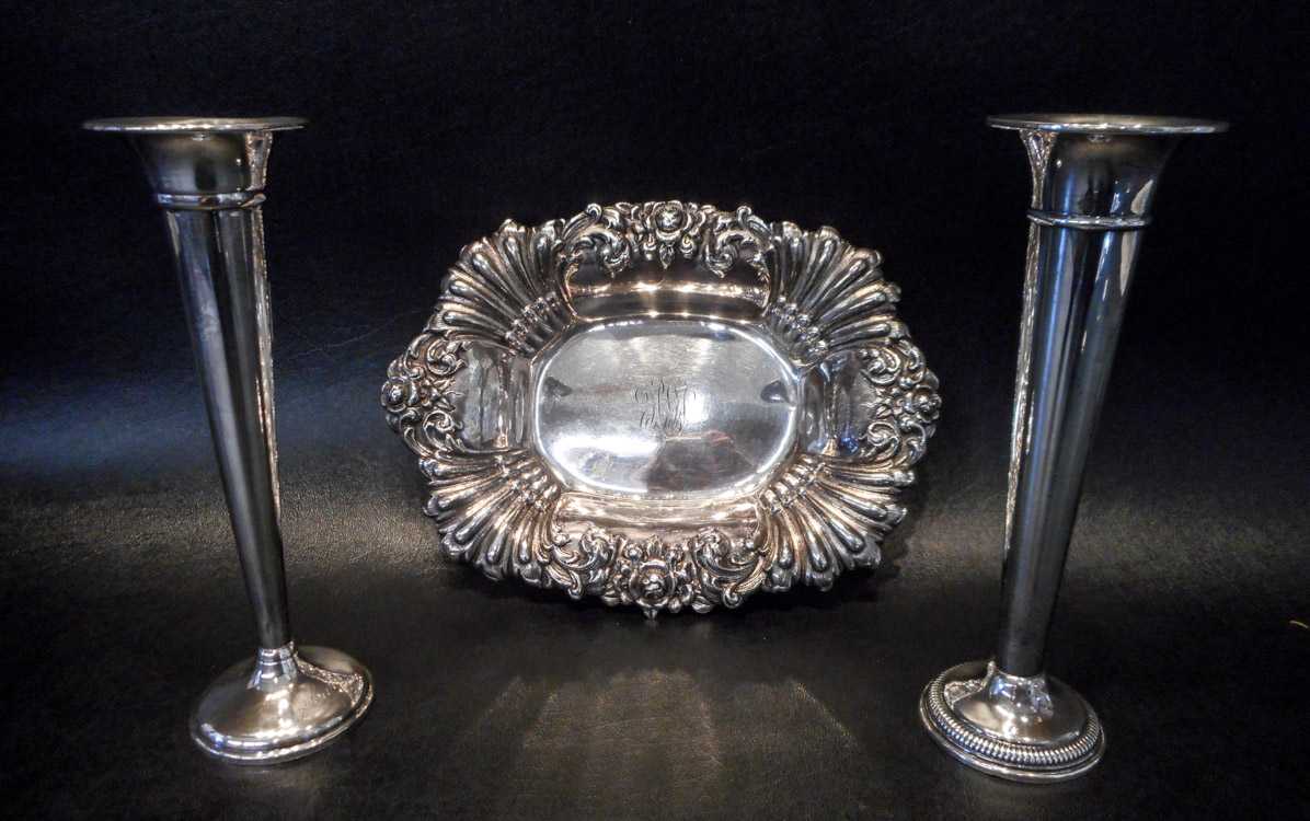 Appraisal: THREE STERLING SILVER HOLLOWWARE PIECES oblong bowl by Woodside Sterling