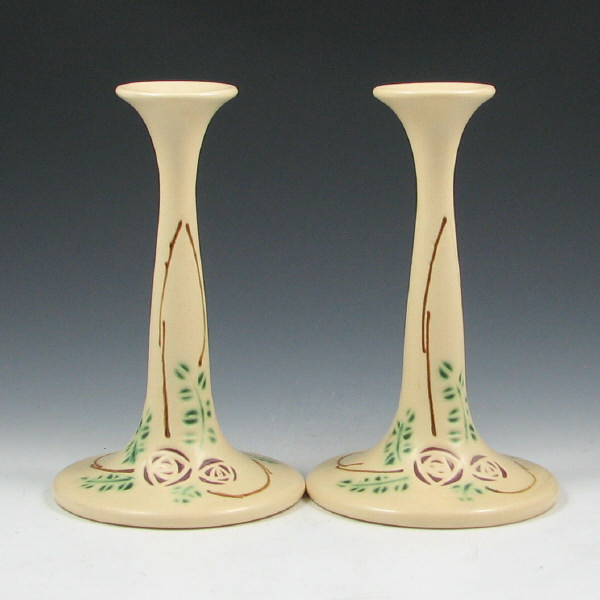 Appraisal: Roseville Velmoss Scroll - Candleholders Roseville Velmoss Scroll or Early