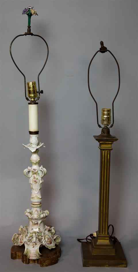 Appraisal: TWO DECORATIVE TABLE LAMPS The first of brass columnar form