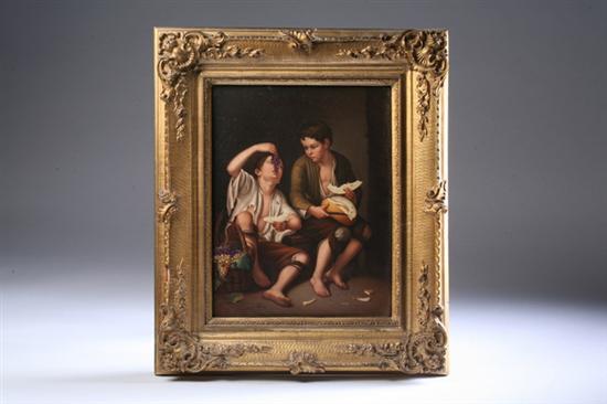 Appraisal: CONTINENTAL PORCELAIN PLAQUE OF BOYS EATING GRAPES AND MELON Circa