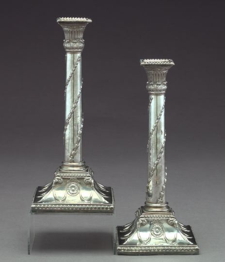 Appraisal: Pair of English Silverplate Column Candlesticks in the style of