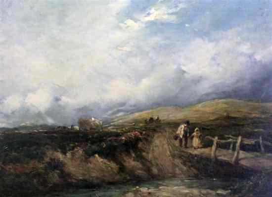 Appraisal: Attributed to David Cox oil on canvas Travellers in moorland